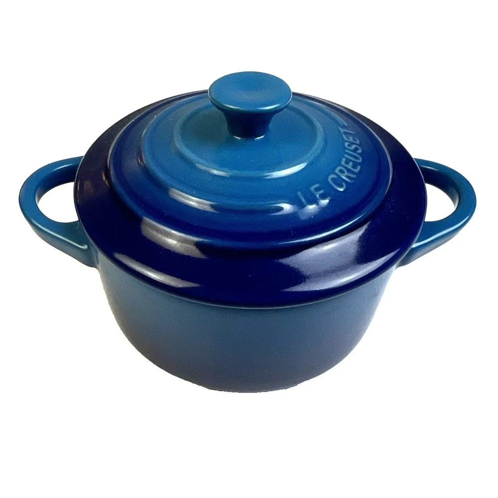 Le Creuset Mini Round Cocotte Covered Dish 8oz Stoneware Blue Covered Cookware